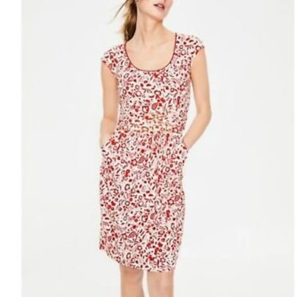Boden (Size 10R) Red & White Floral Print Jersey Knit Dress w Pockets (NEW-NWT) - Picture 1 of 7